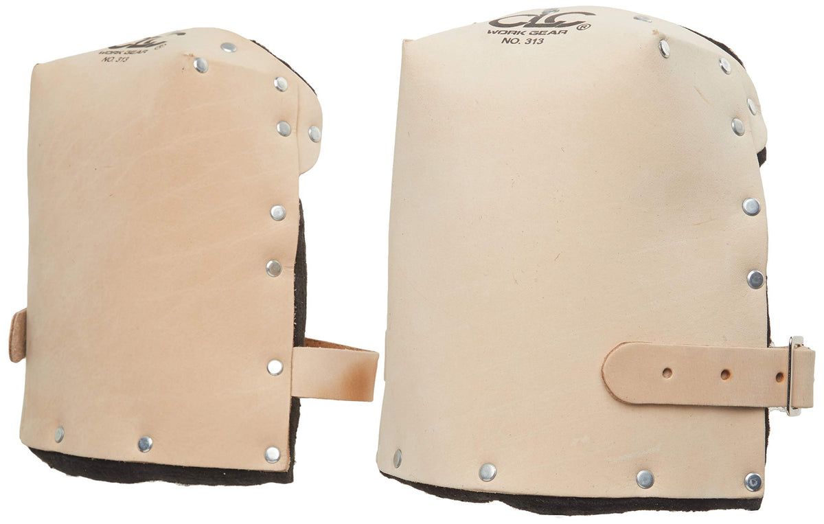 Custom Leathercraft 313 kneepads leather close-up shows durable construction for tough jobs.