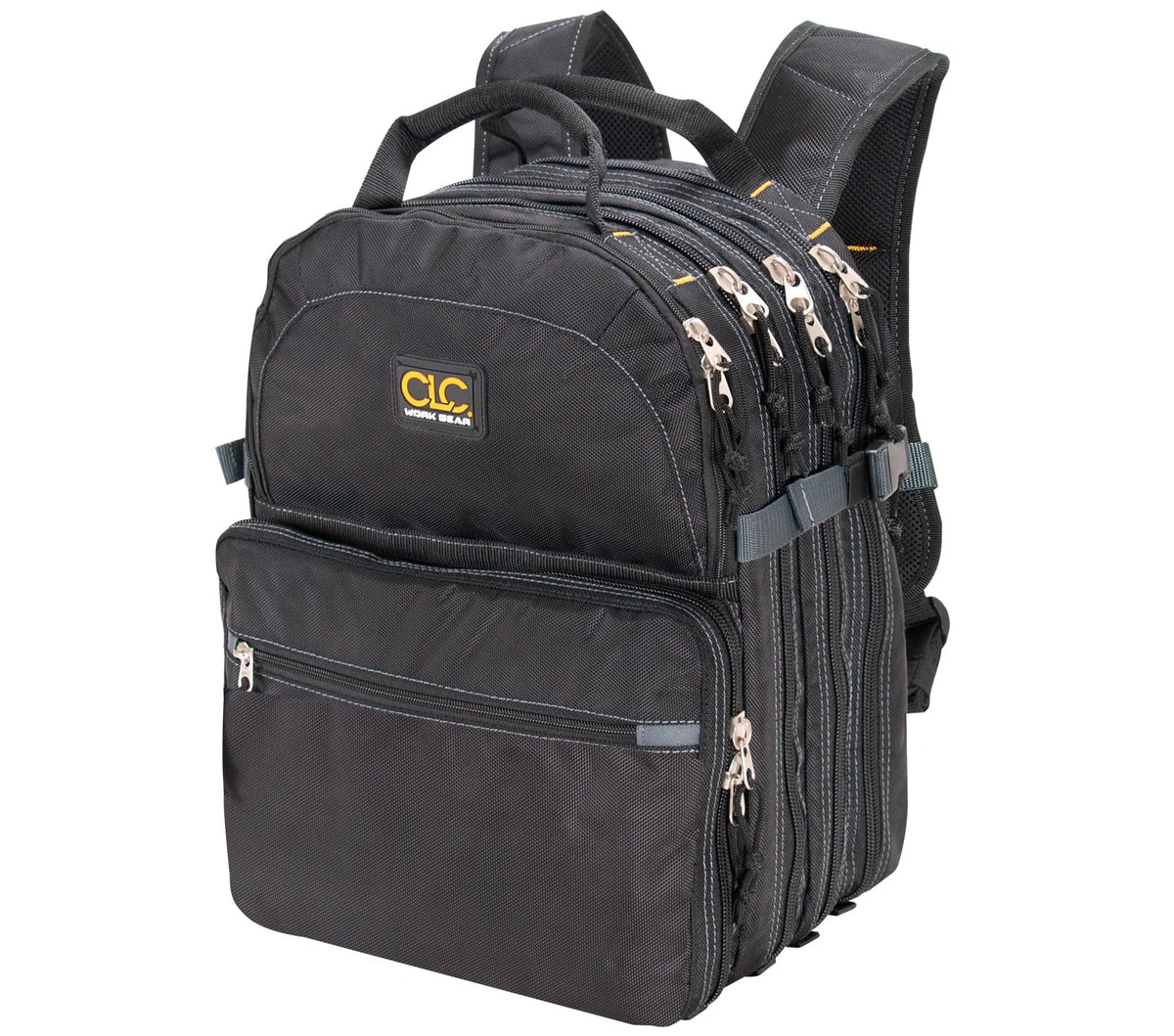 Custom Leathercraft 1132 front view backpack showing 75-pocket organization for tools