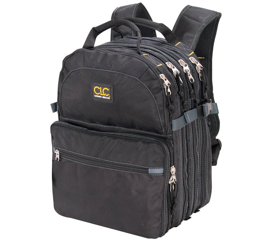 Custom Leathercraft 1132 front view backpack showing 75-pocket organization for tools