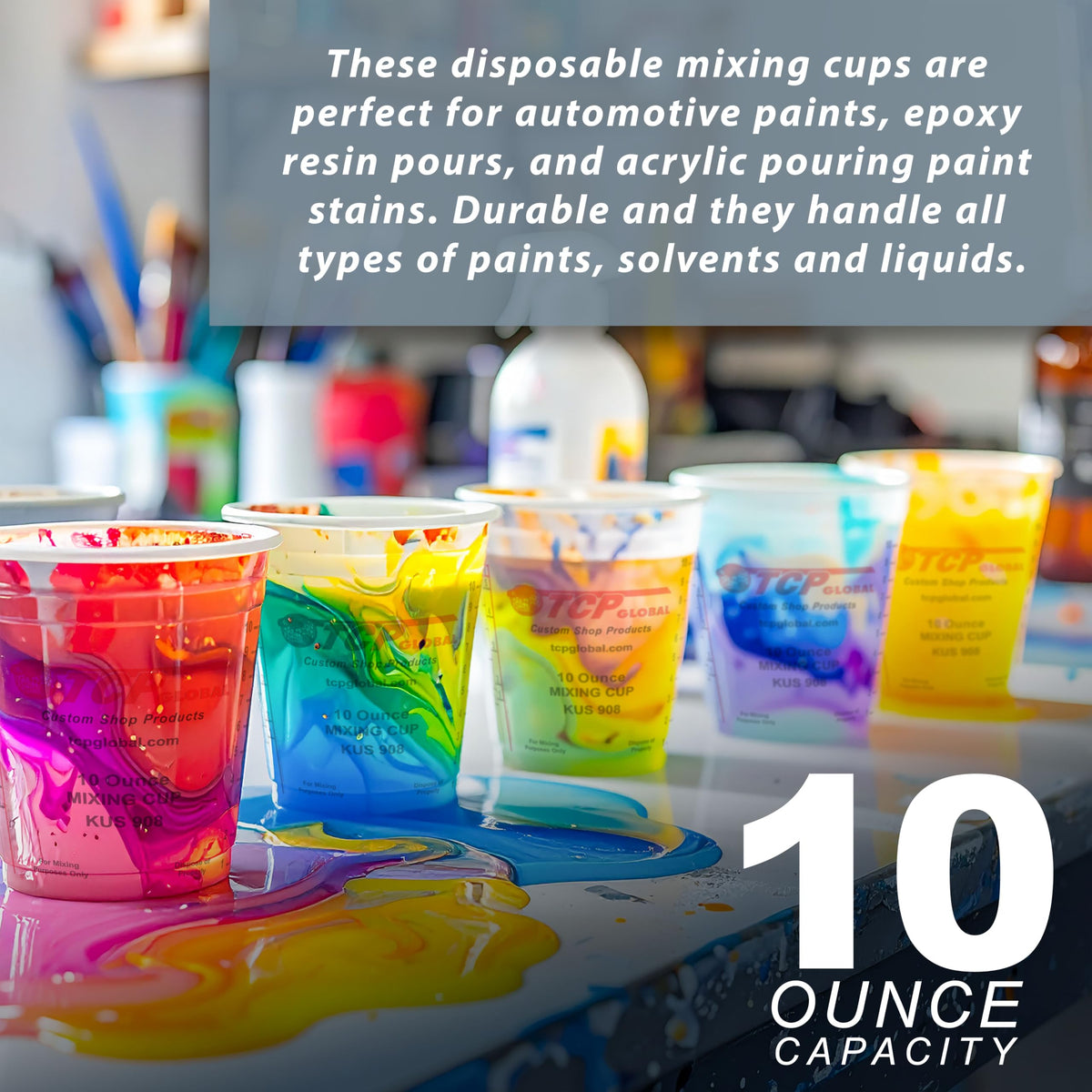 Custom Shop cups show ratio scales for precise 1:1 to 8:1 mixes.