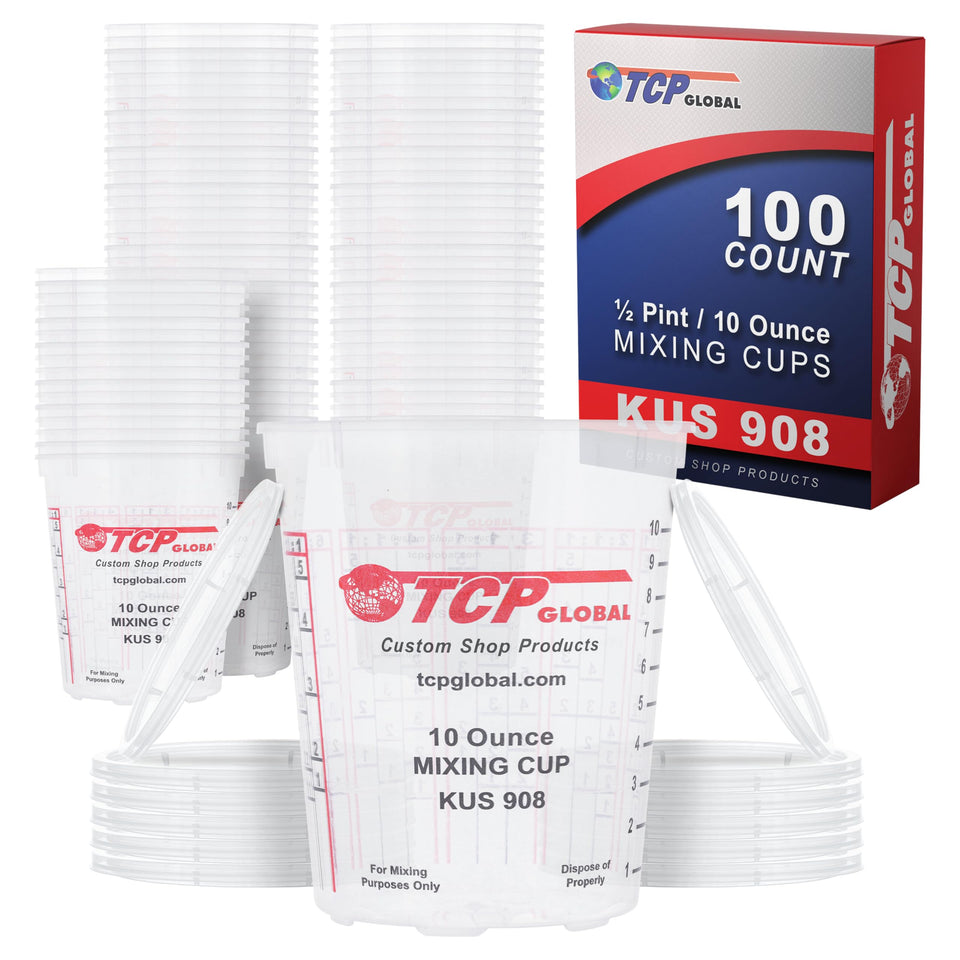 Custom Shop 10 oz paint mixing cups in a box of 100 with clear lids for organization.