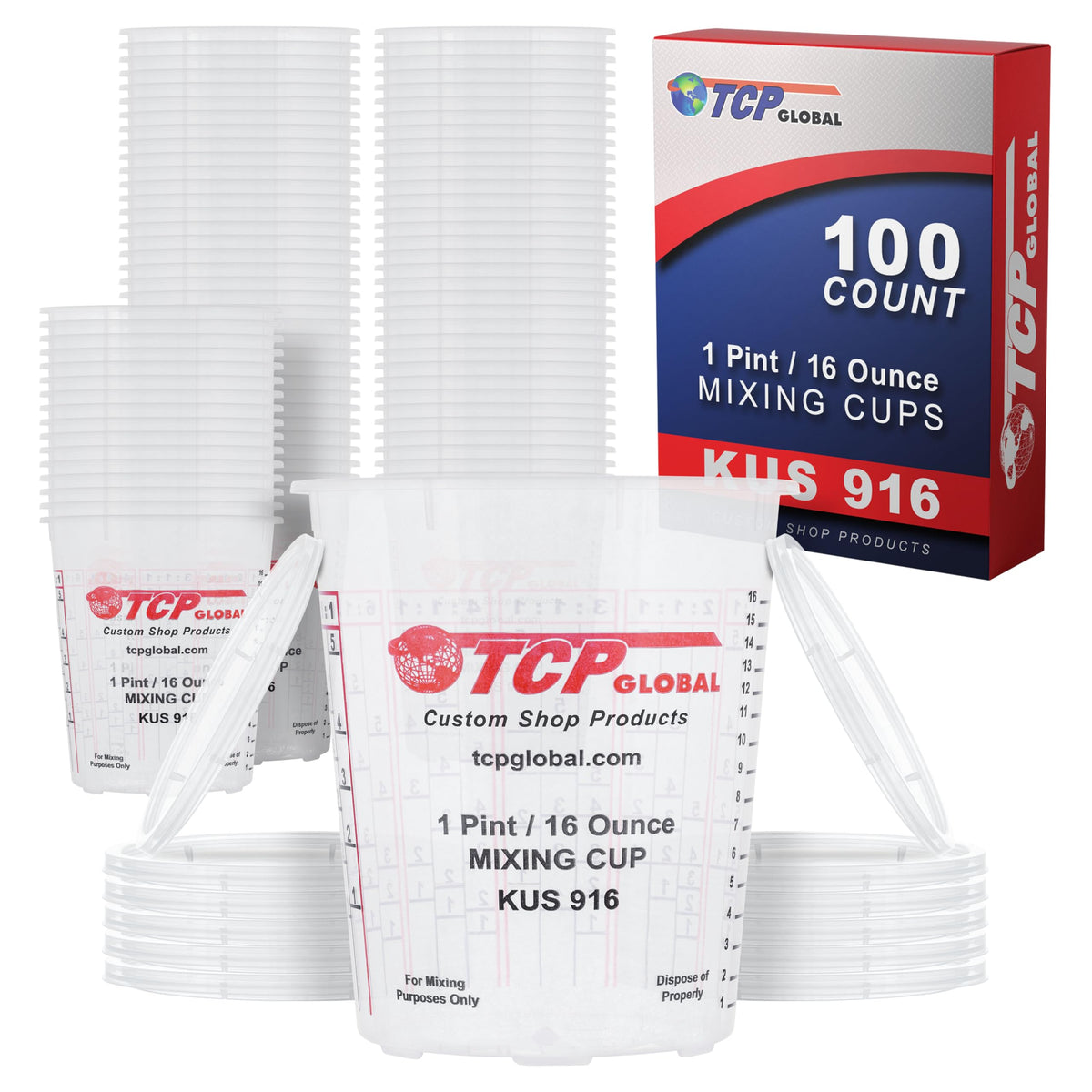Custom Shop 16oz paint mixing cups in a box for precise ratios.