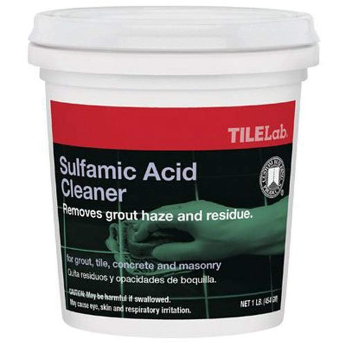 Custom sulfamic acid cleaner in red packaging removes grout haze and mineral deposits.