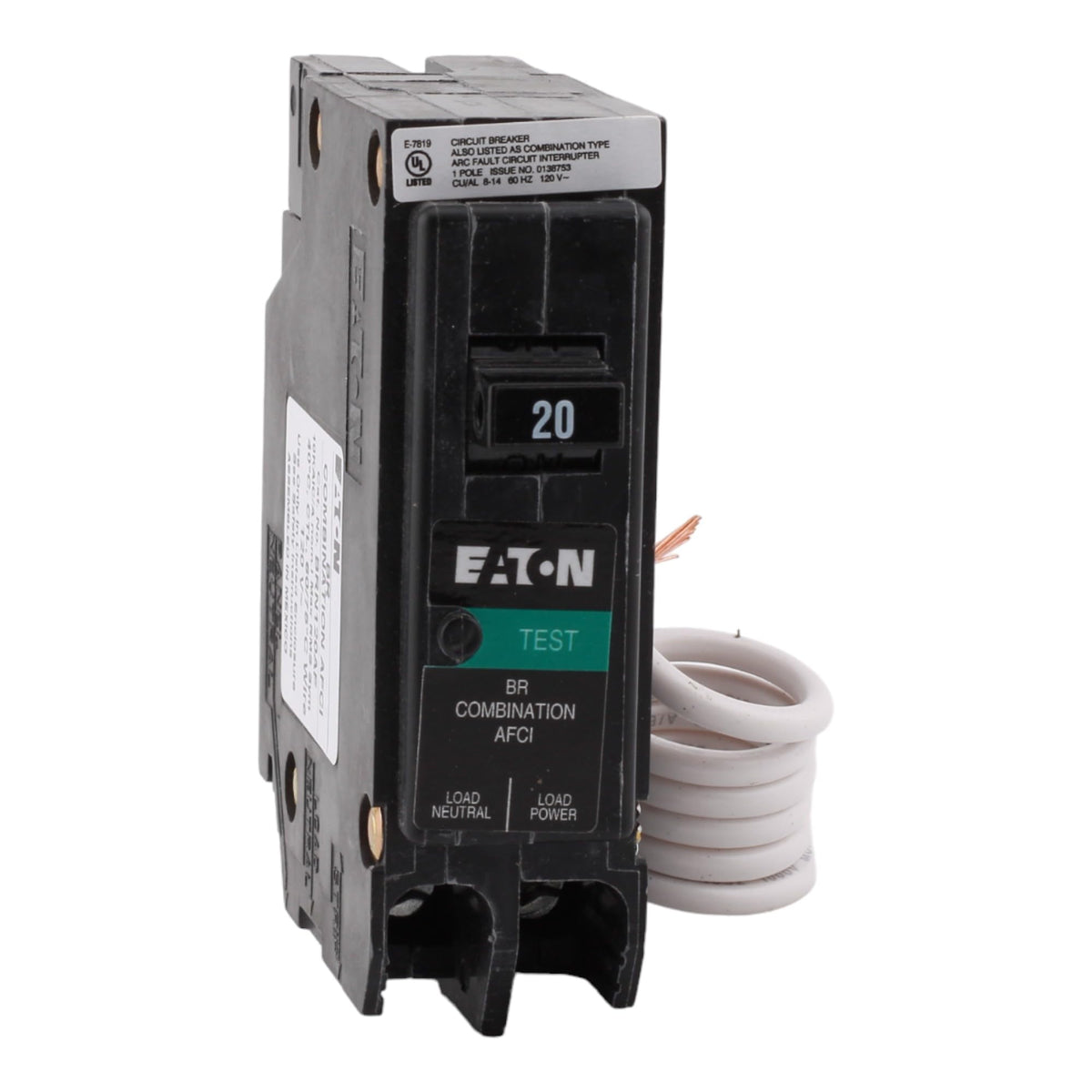 Cutler Hammer BRN120AF arc fault breaker front view shows device profile and labeling.