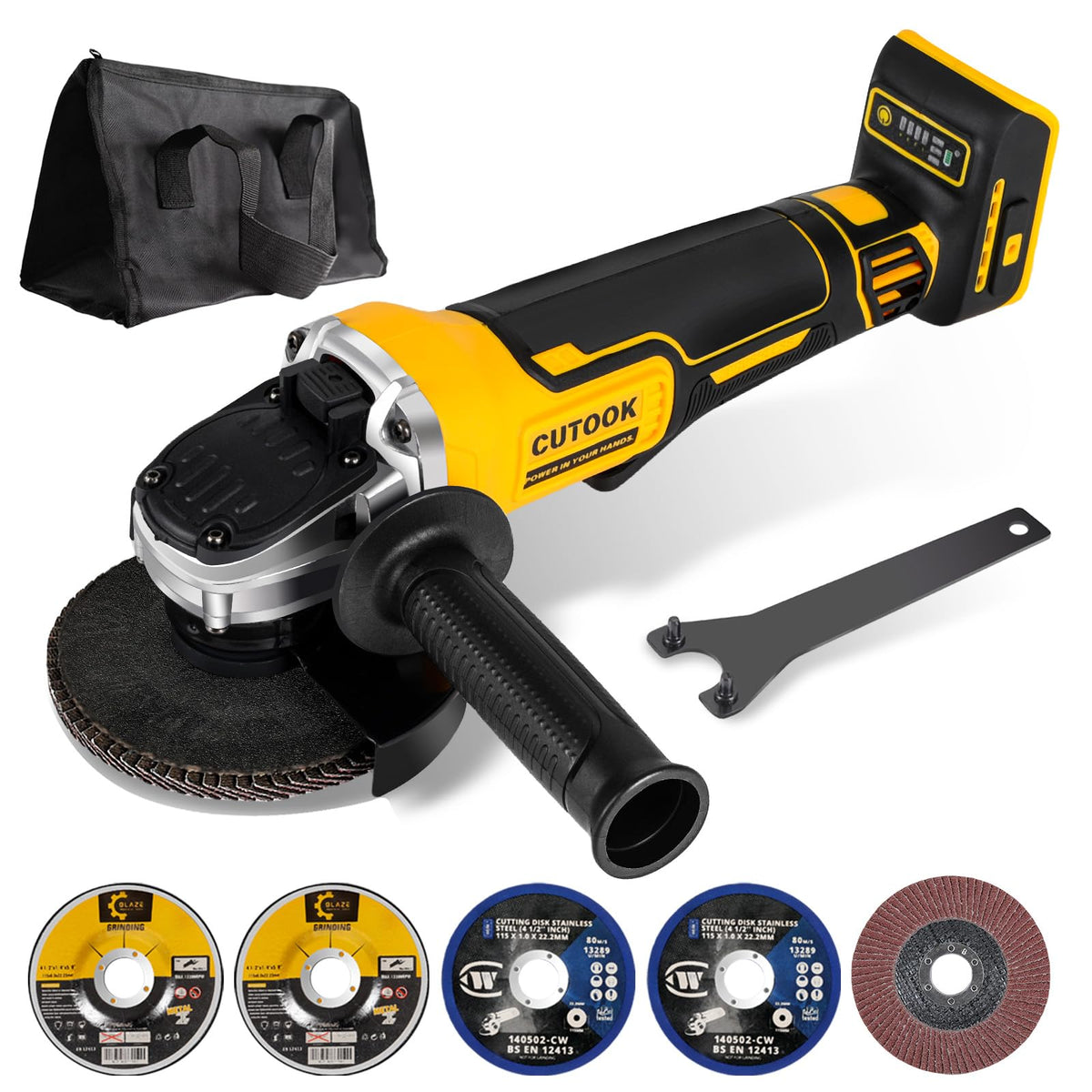 CUTOOK cordless angle grinder showing DeWalt 20V compatibility for flexible site use.