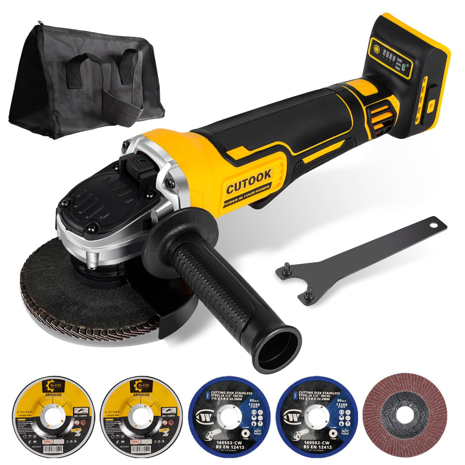 CUTOOK cordless angle grinder showing DeWalt 20V compatibility for flexible site use.