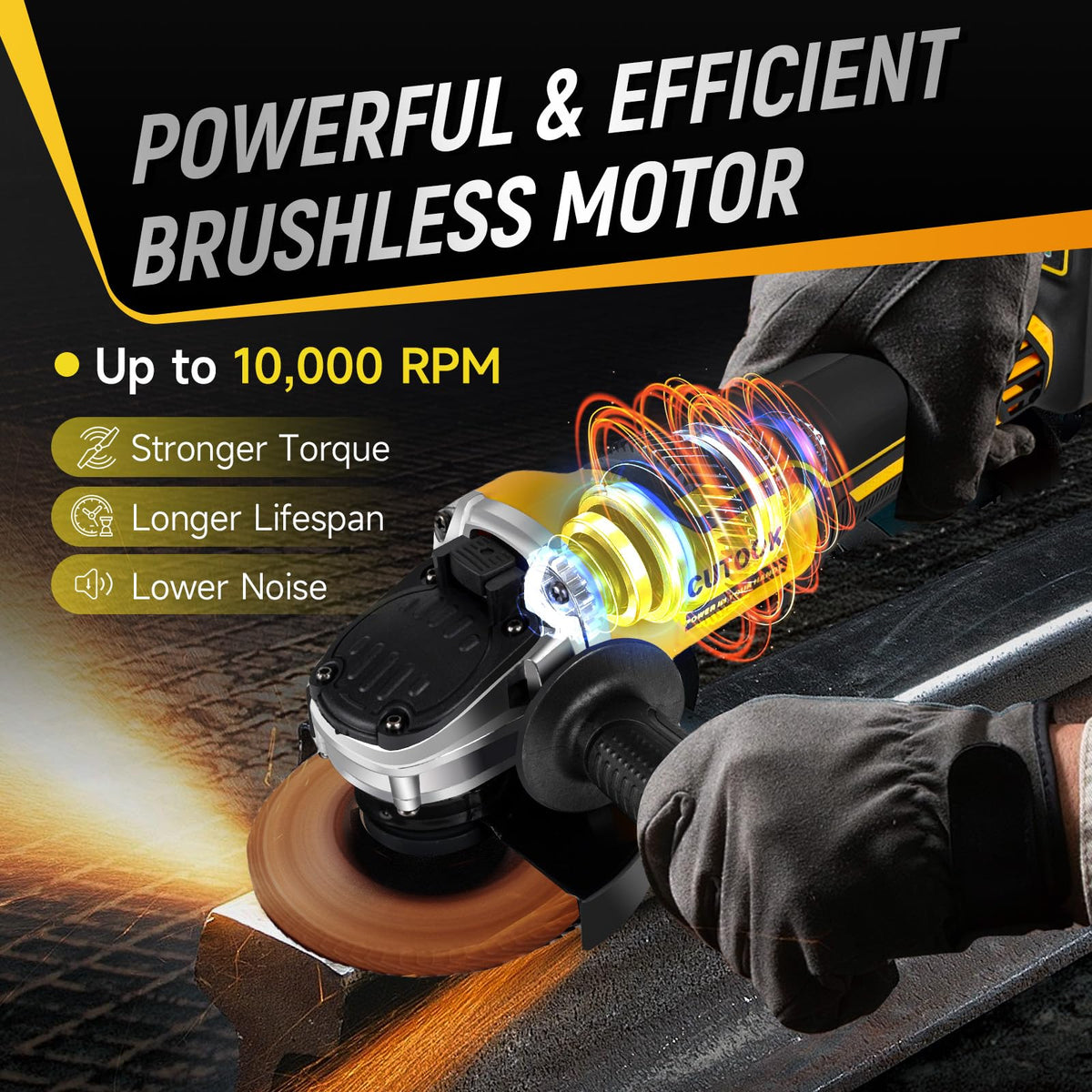 CUTOOK brushless motor reaches 10,000 RPM for efficient grinding.