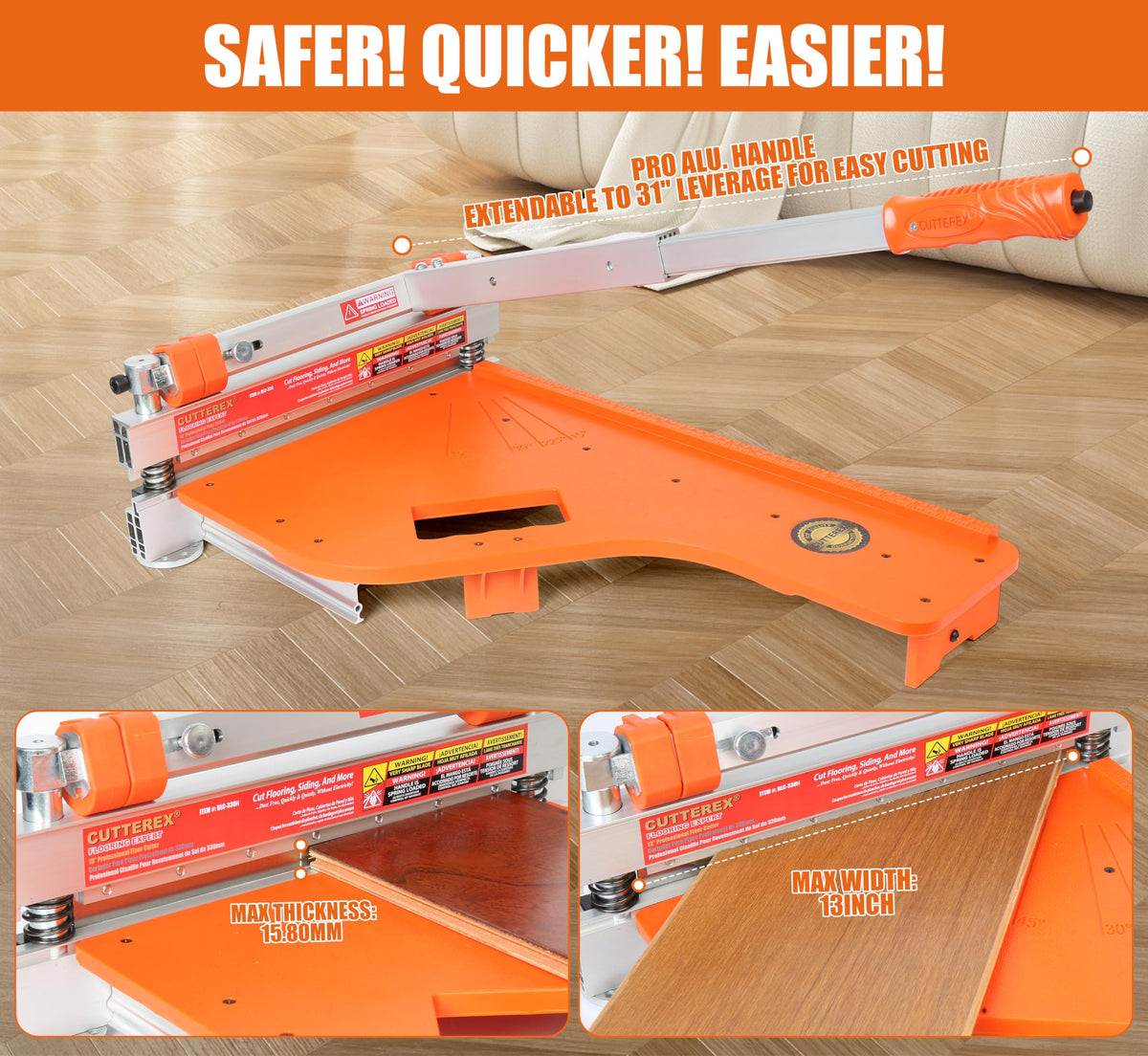 CUTTEREX 13 Pro floor cutter enables 45° bevel cuts for intricate designs.