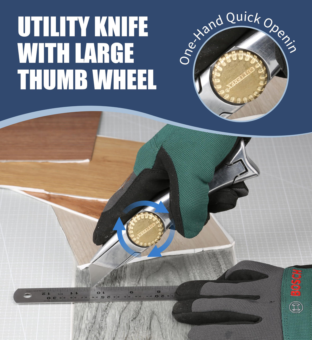 Cutterex Delphin Dolphin Carpet Knife cuts carpet, vinyl, drywall, and roofing materials.