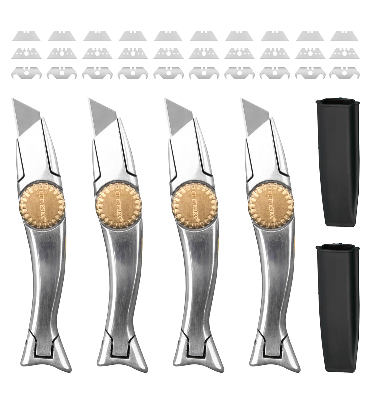 Cutterex heavy-duty SharkKnife set with four knives and holsters for quick access.