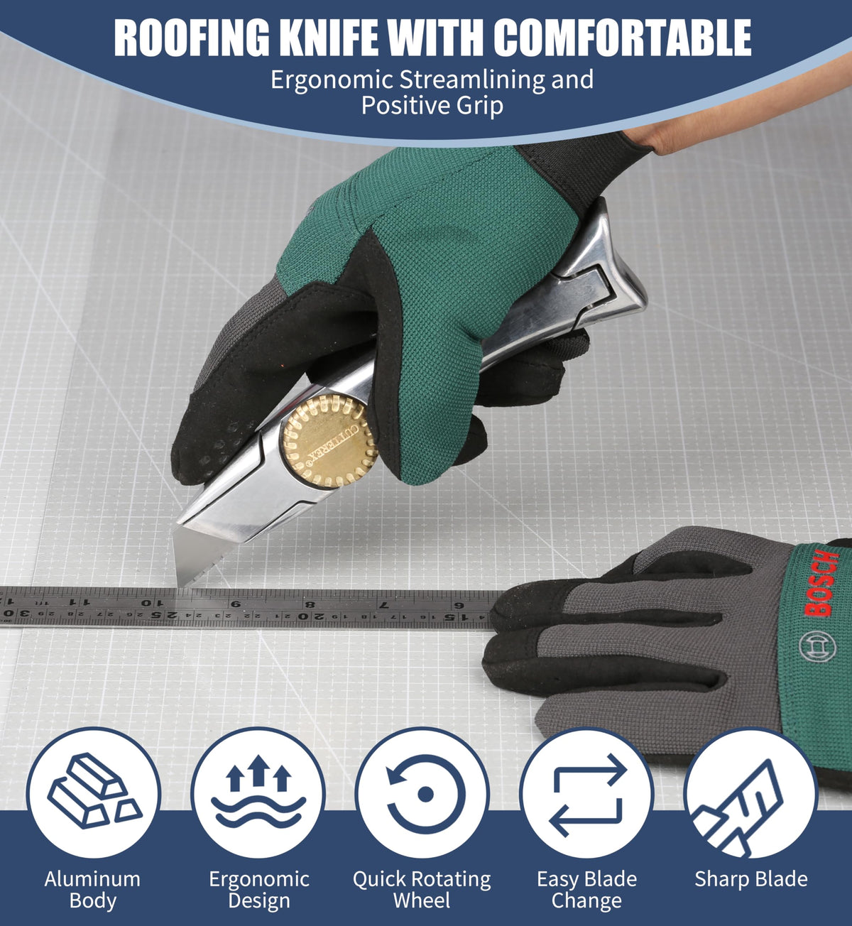 Cutterex Utility Knife with large thumb wheel for one-handed opening.