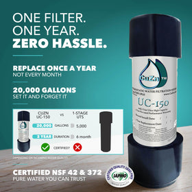 CuZn UC-150 filter cartridge illustrating 3-stage filtration for cleaner-tasting water.