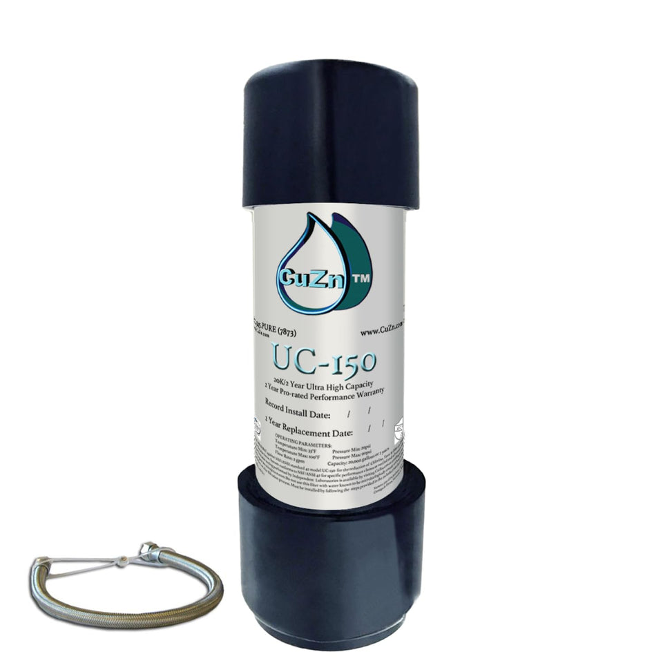 CuZn UC-150 under-sink filter package shows compact inline design for easy installation.