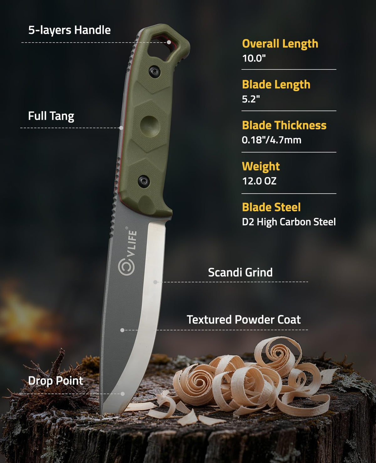 CVLIFE fixed blade knife full tang design delivers reliable strength for heavy-duty tasks.