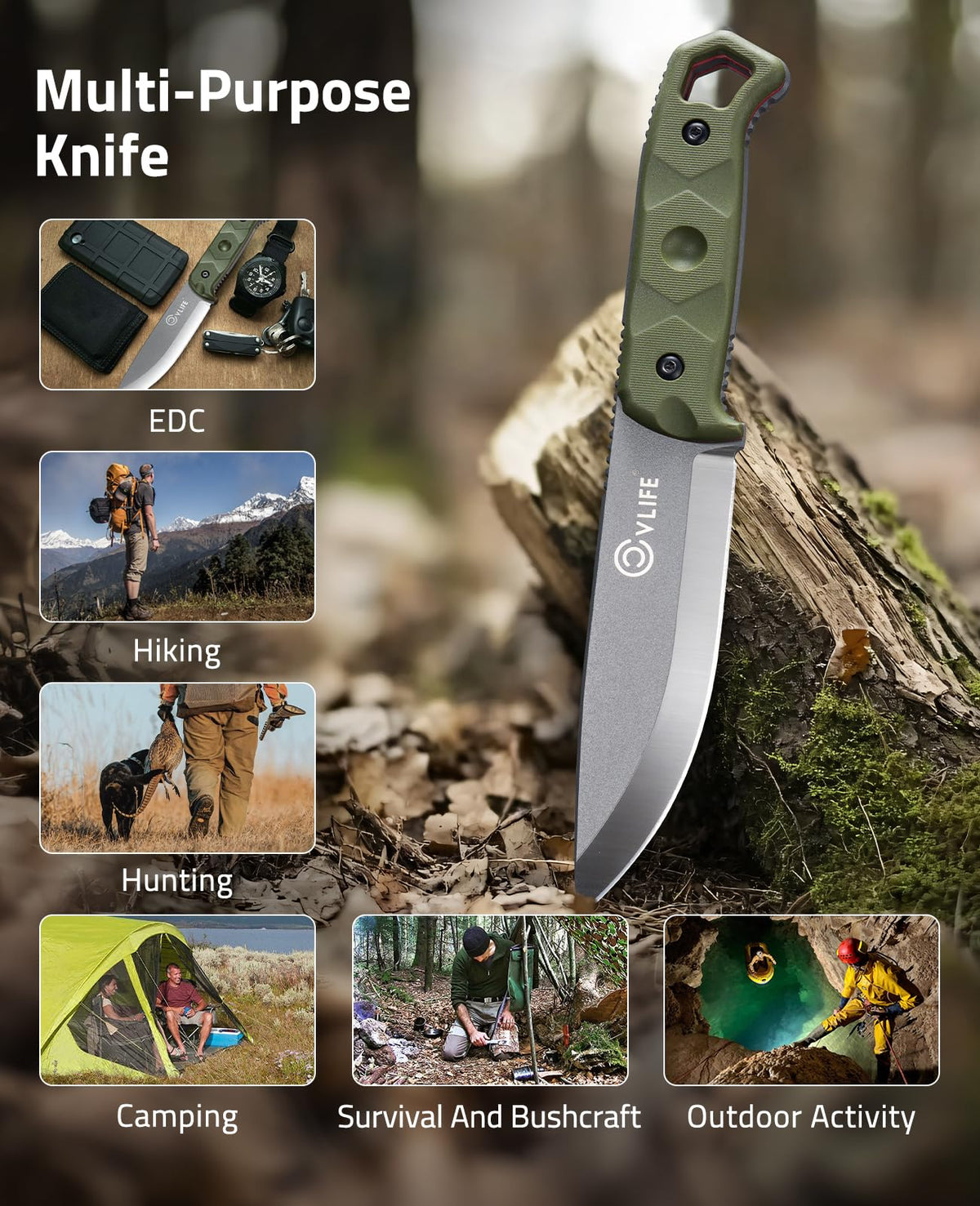 CVLIFE fixed blade knife rotating clip enables belt, leg, or pack carry.