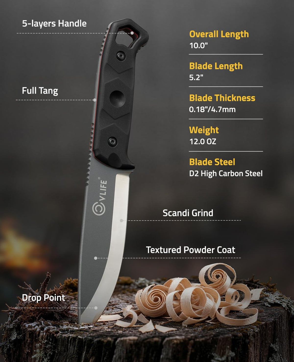 CVLIFE fixed blade knife in Scandi grind for feather sticking
