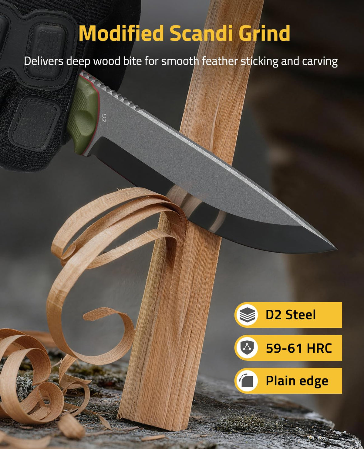 CVLIFE fixed blade knife scandi grind tip aids feather sticking and carving control.