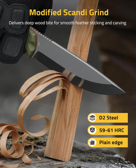 CVLIFE fixed blade knife scandi grind tip aids feather sticking and carving control.