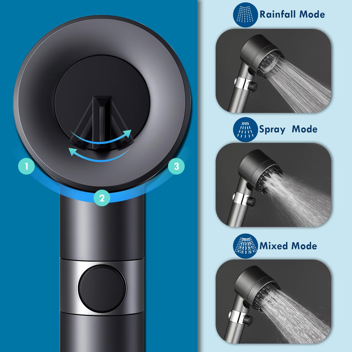 CWPW shower head on‑off pause button in use