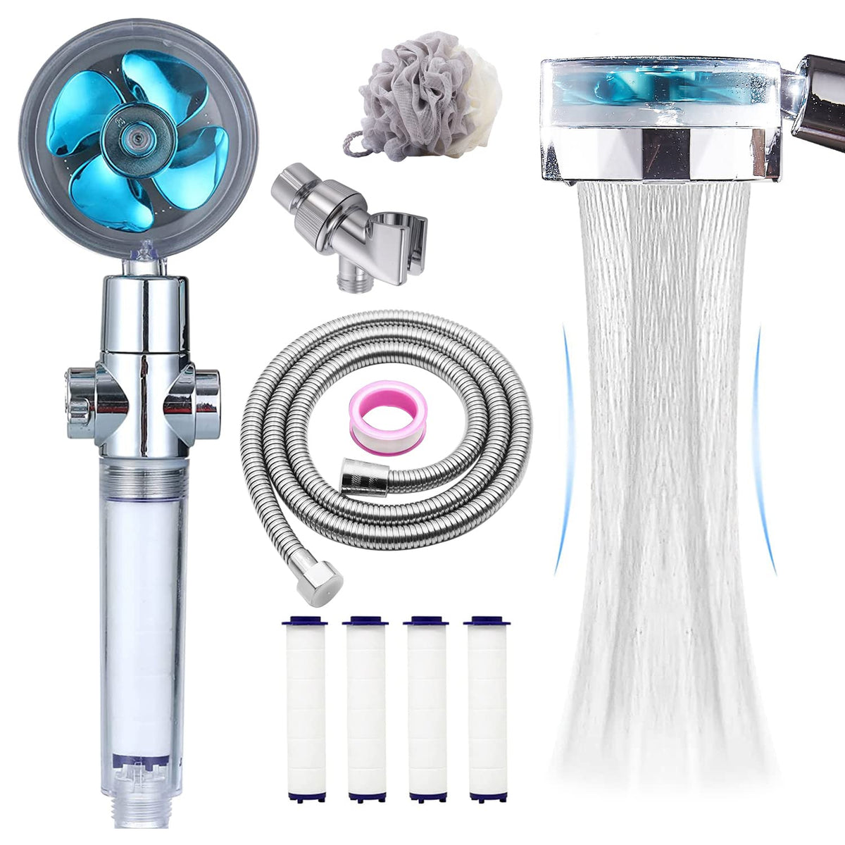 CWPW high-pressure shower head with blue hose delivers a massage-like rinse and water savings.