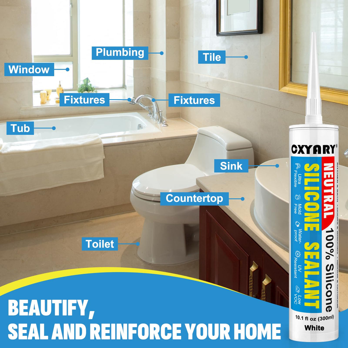 CXYARY silicone caulk sealed sink and tub for a damp-proof bathroom look.