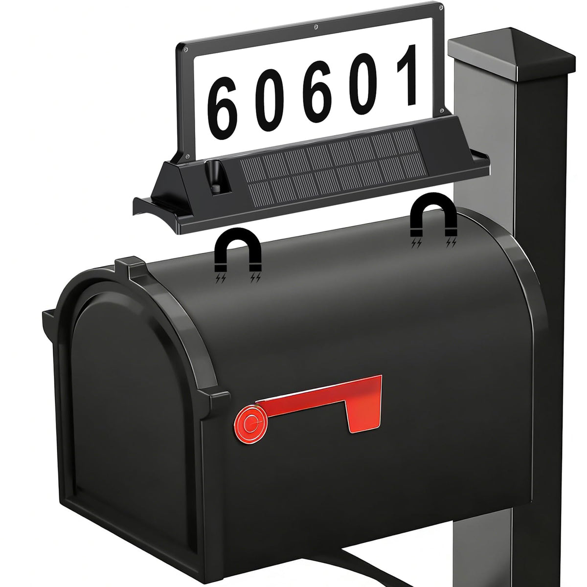 Cybrasc solar address sign with magnetic mount for drill-free mailbox visibility at night.