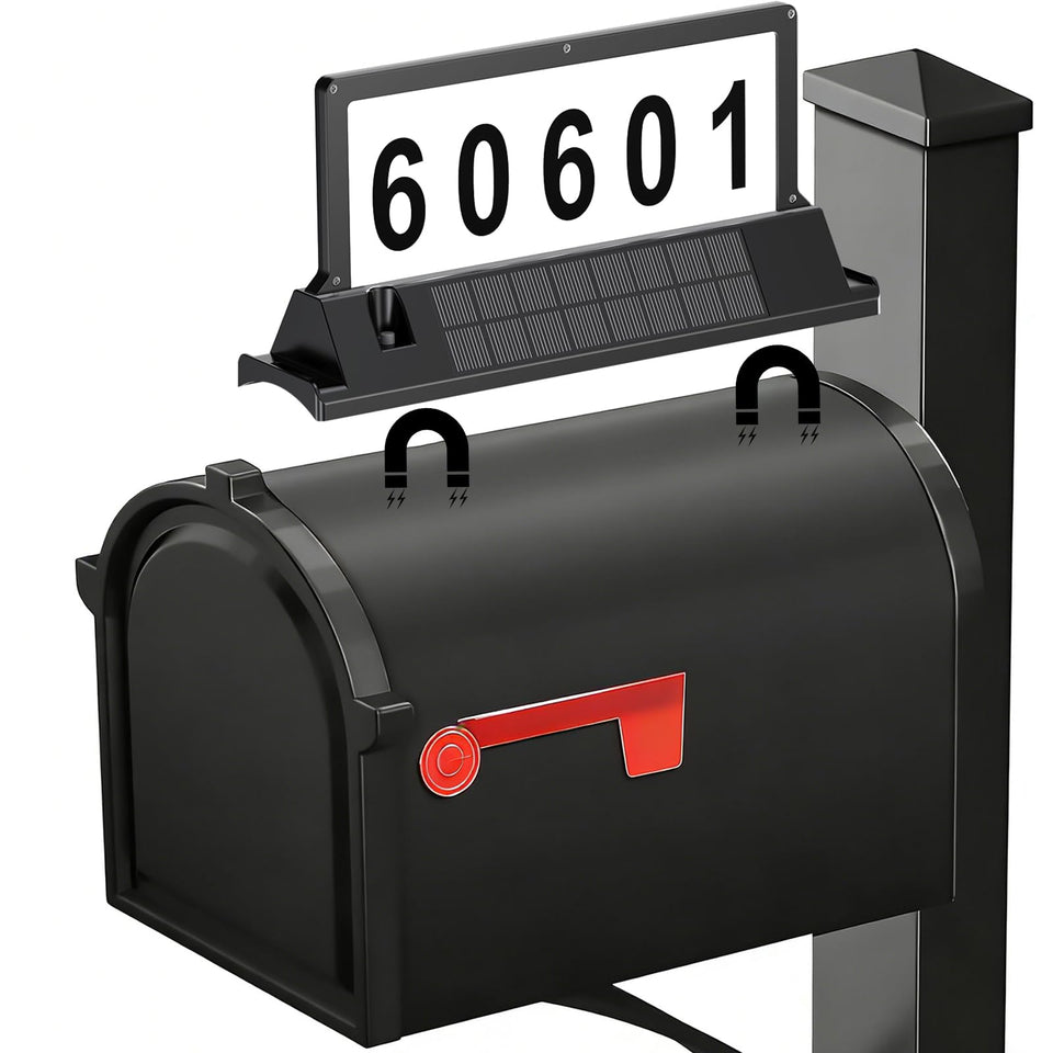 Cybrasc solar address sign with magnetic mount for drill-free mailbox visibility at night.