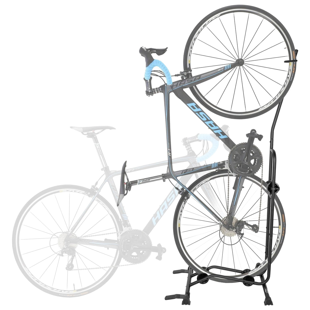 CyclingDeal upright bike stand vertical-horizontal: space-saving bike storage in a garage.