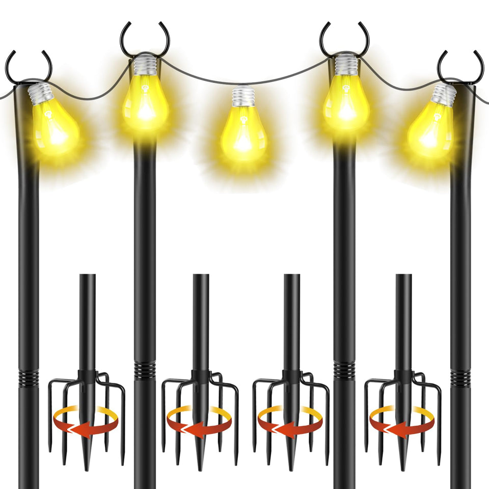 Cymuber 4-pack 10ft string light poles with base for wind-stable backyard lighting.