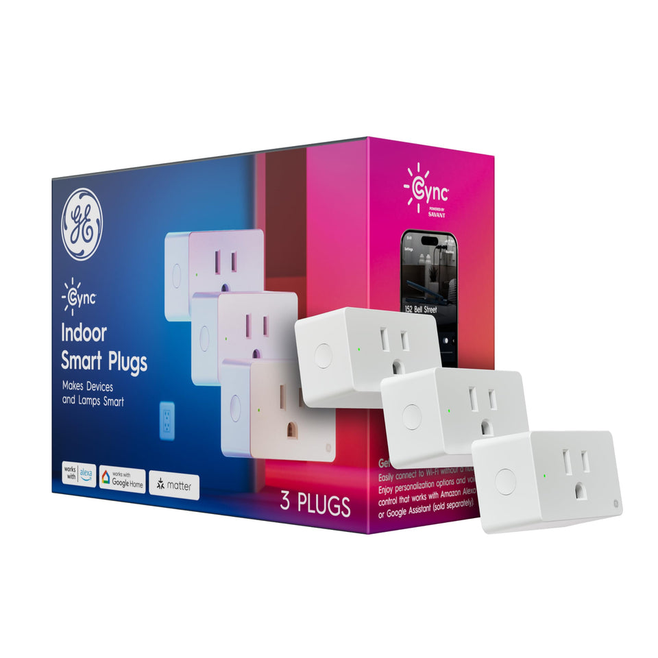 Cync indoor smart plug with socket-front view adds smart control to any device.