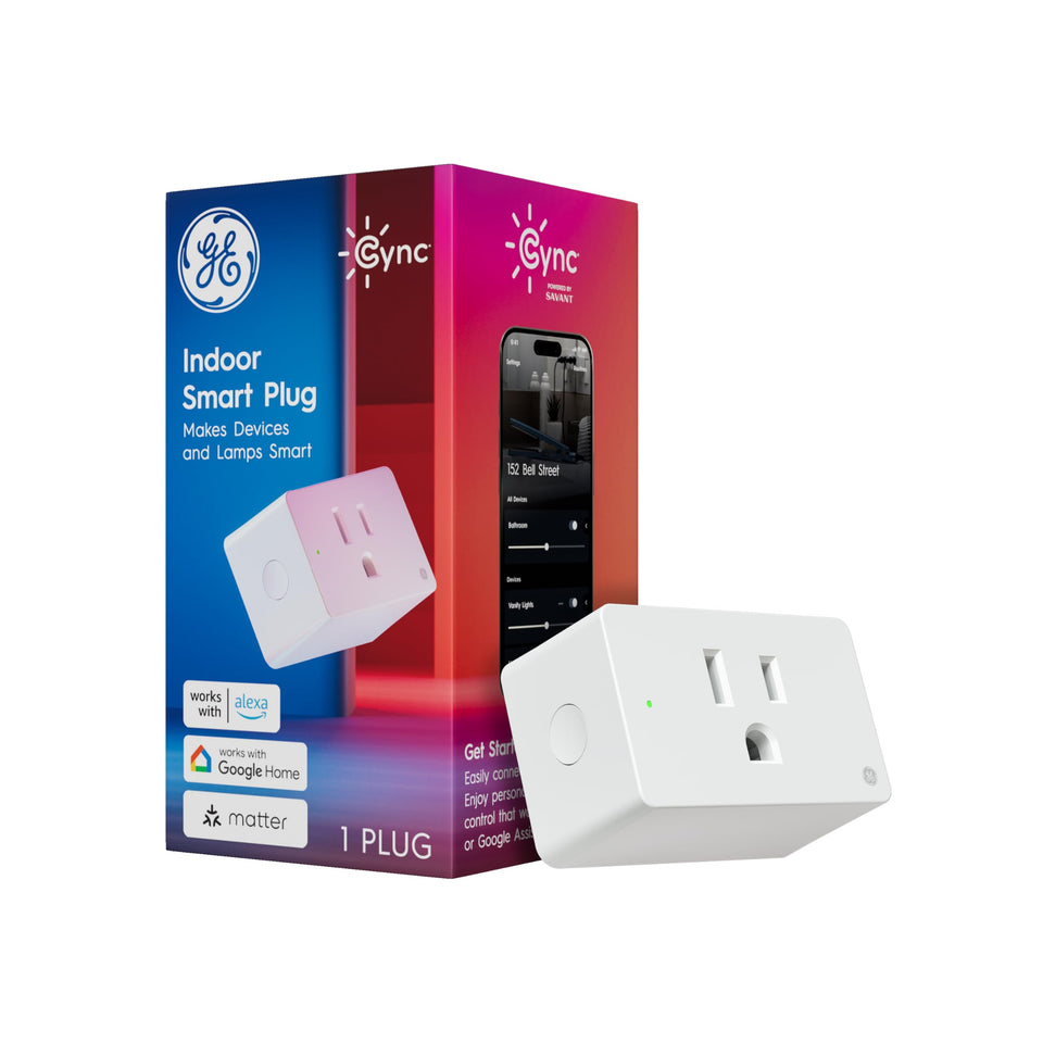 Cync smart indoor plug controlling a lamp for effortless, remote lighting control.