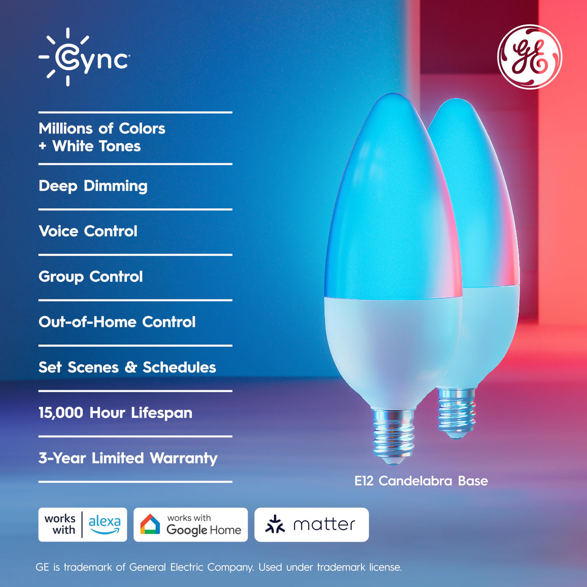 Cync smart bulb in living room creates party-ready lighting with millions of colors.