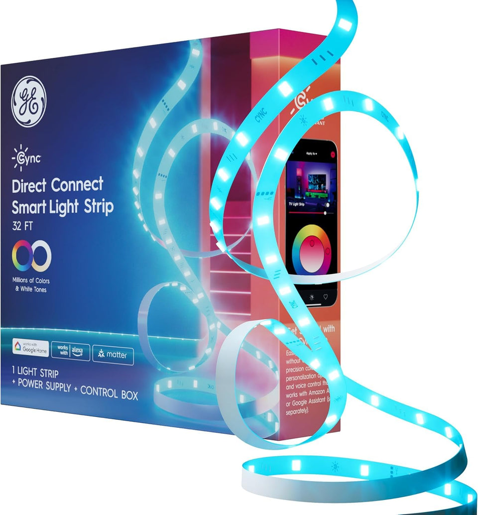 Cync color-changing LED strip lighting on wall for party mood.