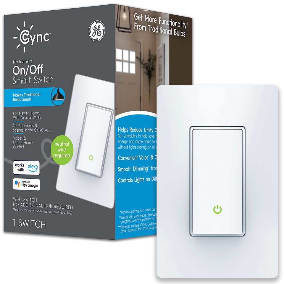 Cync smart paddle switch front view with sleek design for easy wall control.