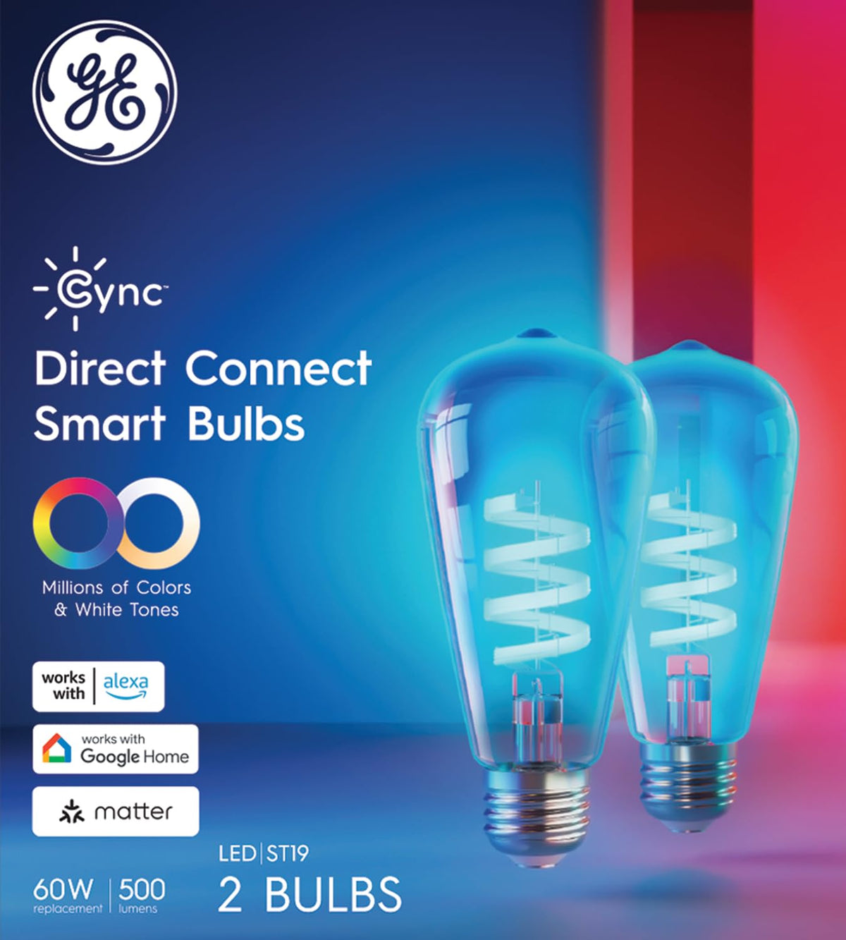 Cync ST19 Edison-style bulb glowing warm vintage decor for living spaces.