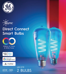 Cync ST19 Edison-style bulb glowing warm vintage decor for living spaces.