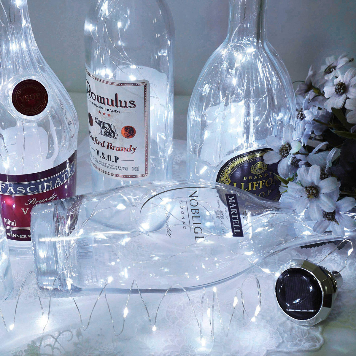 Cynzia solar wine bottle lights sun charge ready for evening parties.