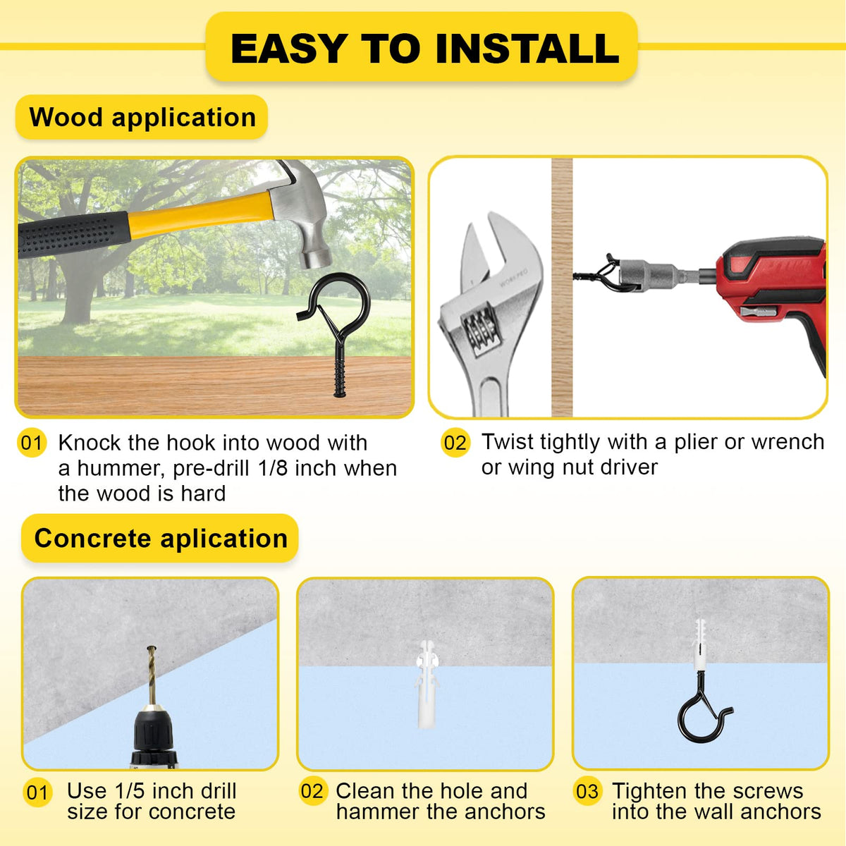Cyrico screw hooks for lights, plants, and decor on patios or decks.