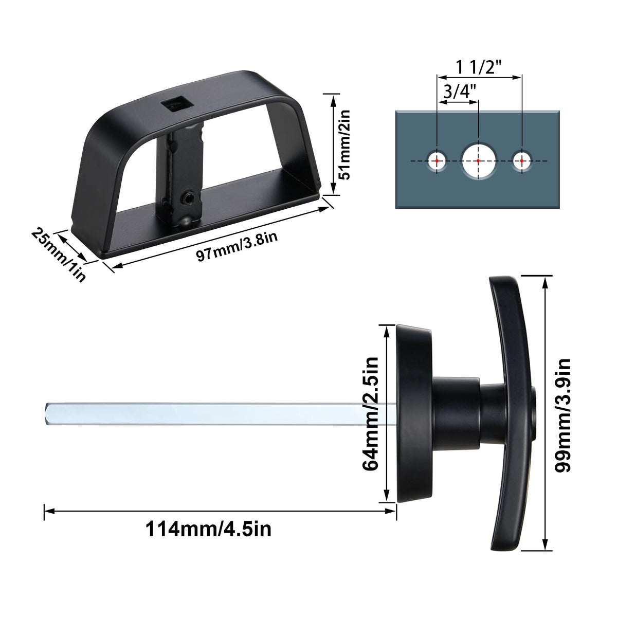 CZC AUTO adjustable D-handle closeup showing 4-1/2 inch stem for secure fit