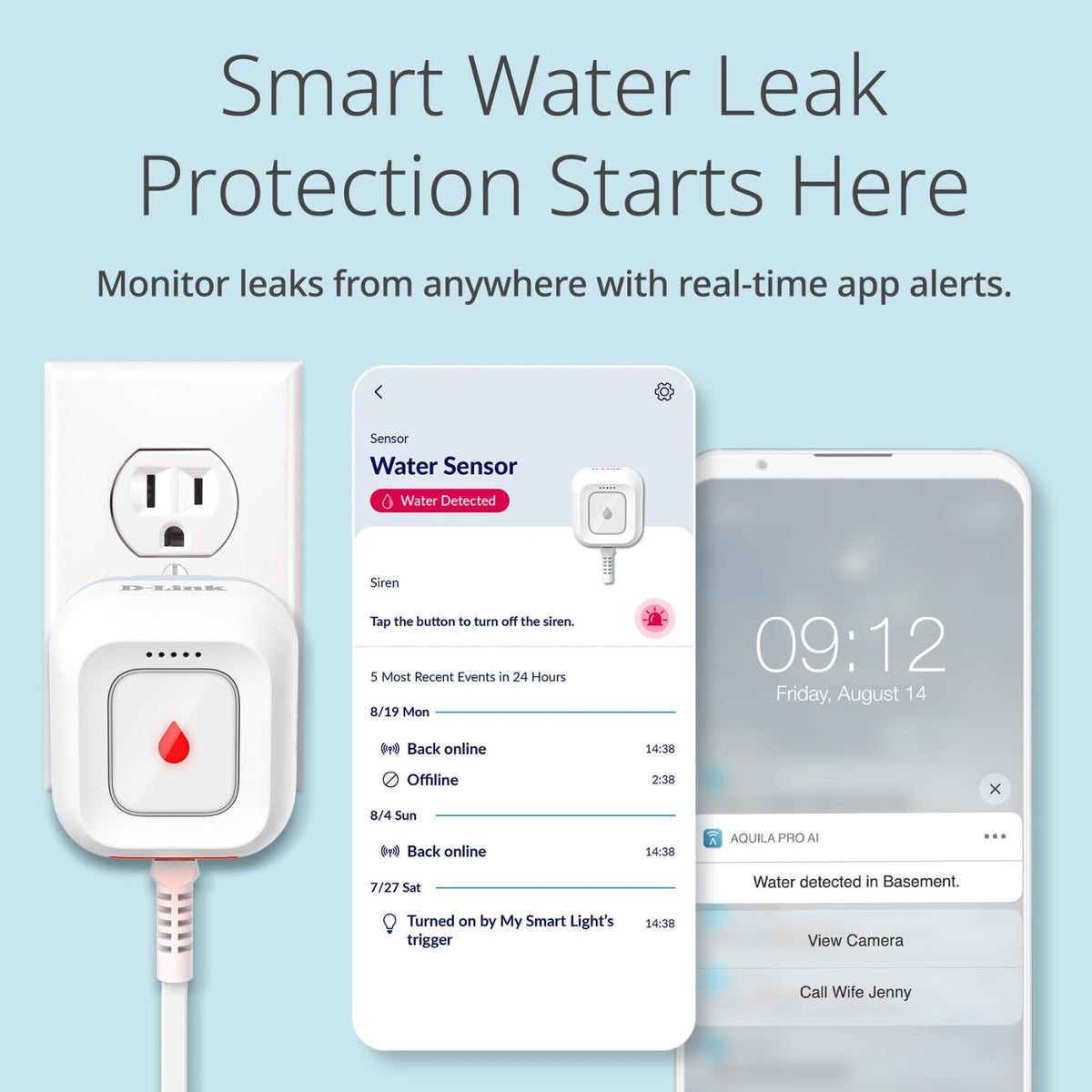 D-Link SW-A11KT master unit LED strobe and app alerts for fast leak awareness.