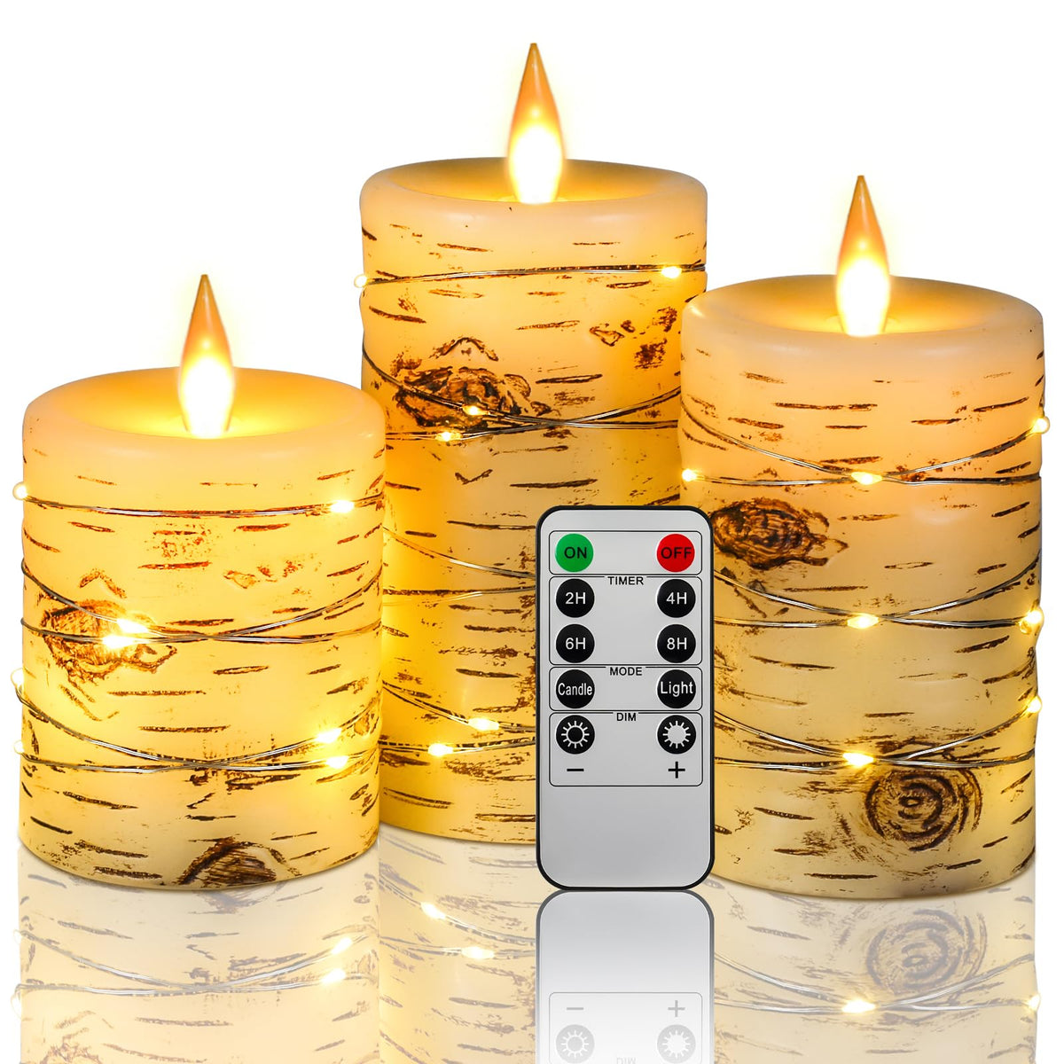 Da by birch bark ivory 5-inch flameless candle with warm dancing flame.