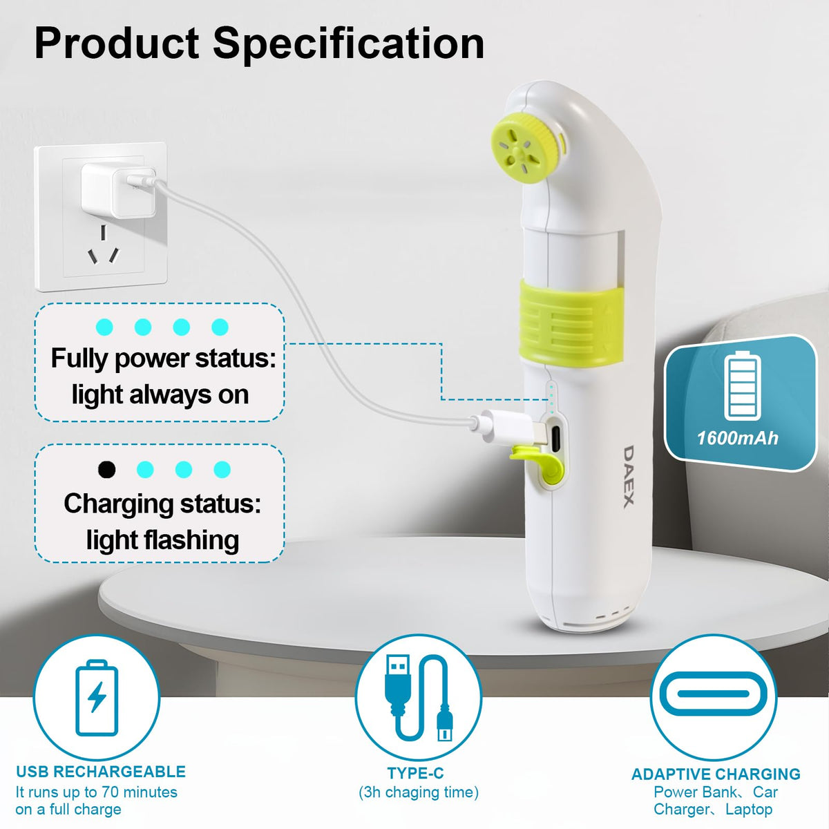 DAEX 150cm hose with suction base and wall hook for stable use.