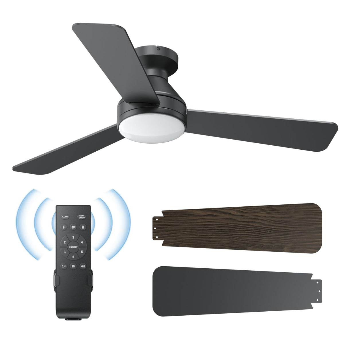 DAHUICFL 42-inch ceiling fan with light remote in a modern living room for cooling.