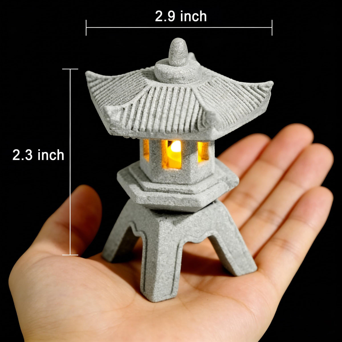 Daisylily Pagoda statue figurine, stone texture detail adds a Zen touch to indoor shelves.