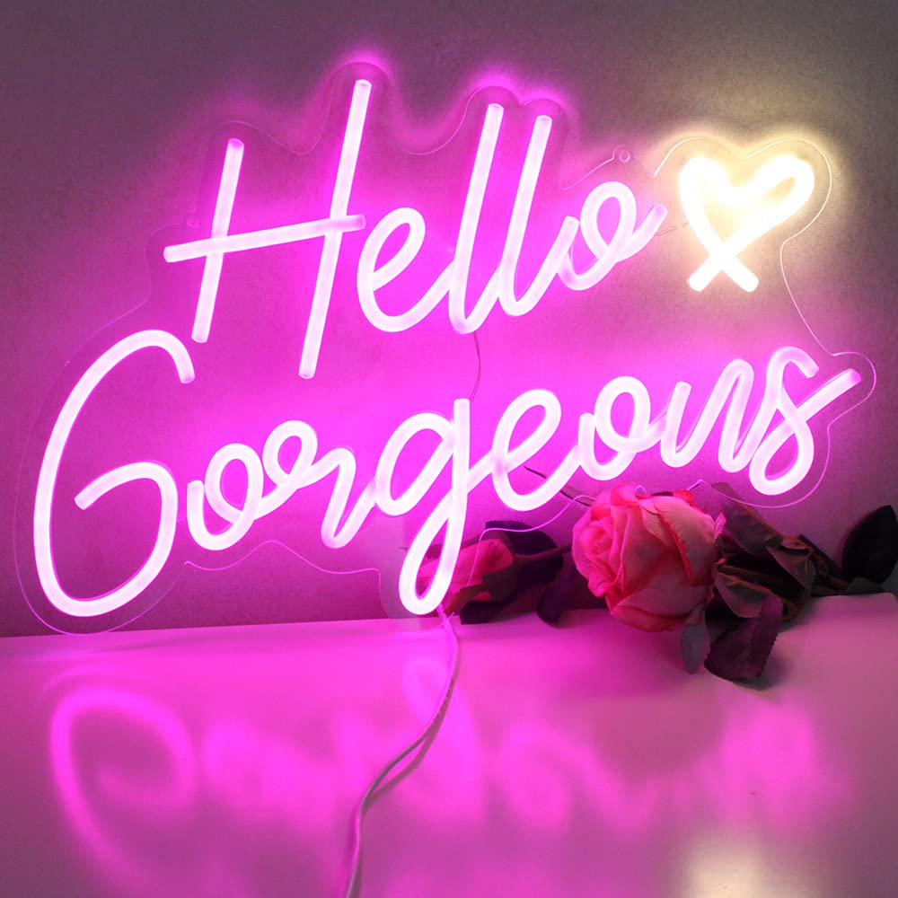 DAKABUKA Hello Gorgeous pink neon sign chain hanging for wall display.