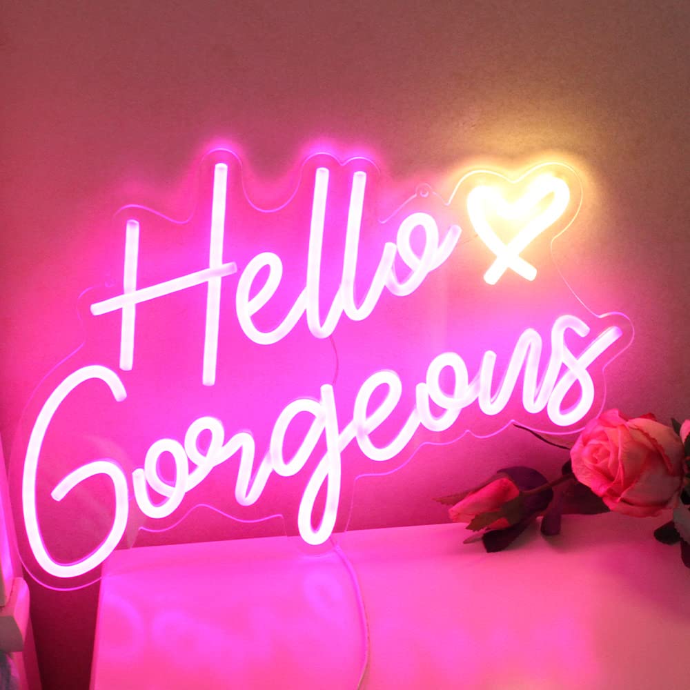 DAKABUKA Hello Gorgeous pink neon sign dimmed brightness for intimate mood lighting.