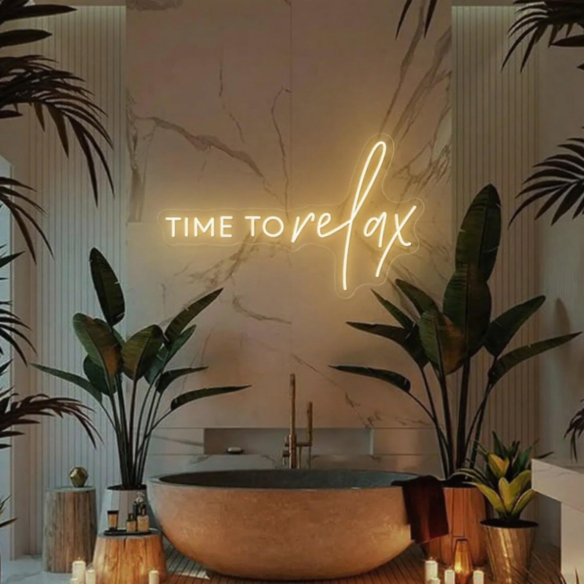 DAKABUKA Time To Relax warm white neon sign on wall for elegant ambiance.