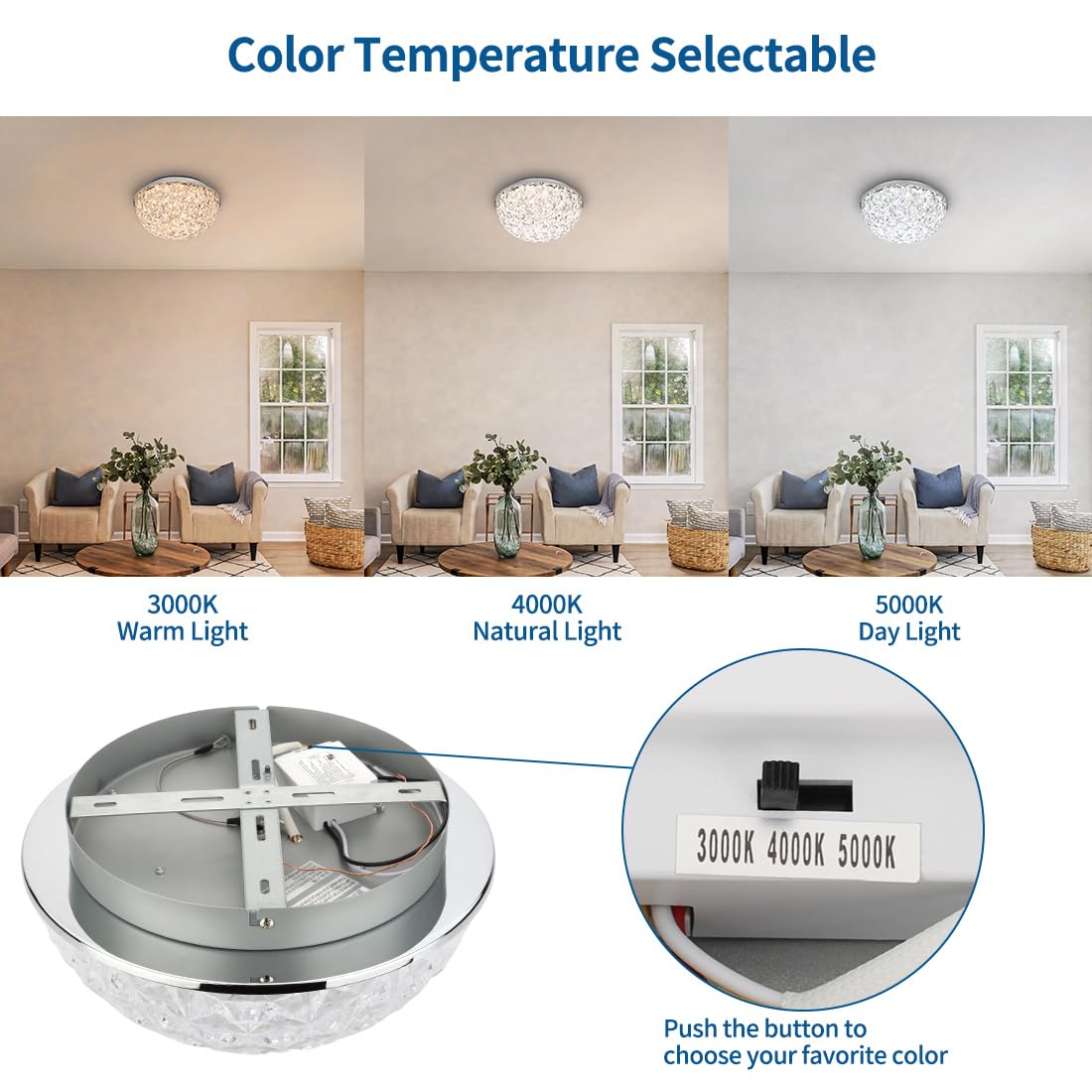 Dakason chrome-plated finish with diamond crystal dome creates luxe ambiance.