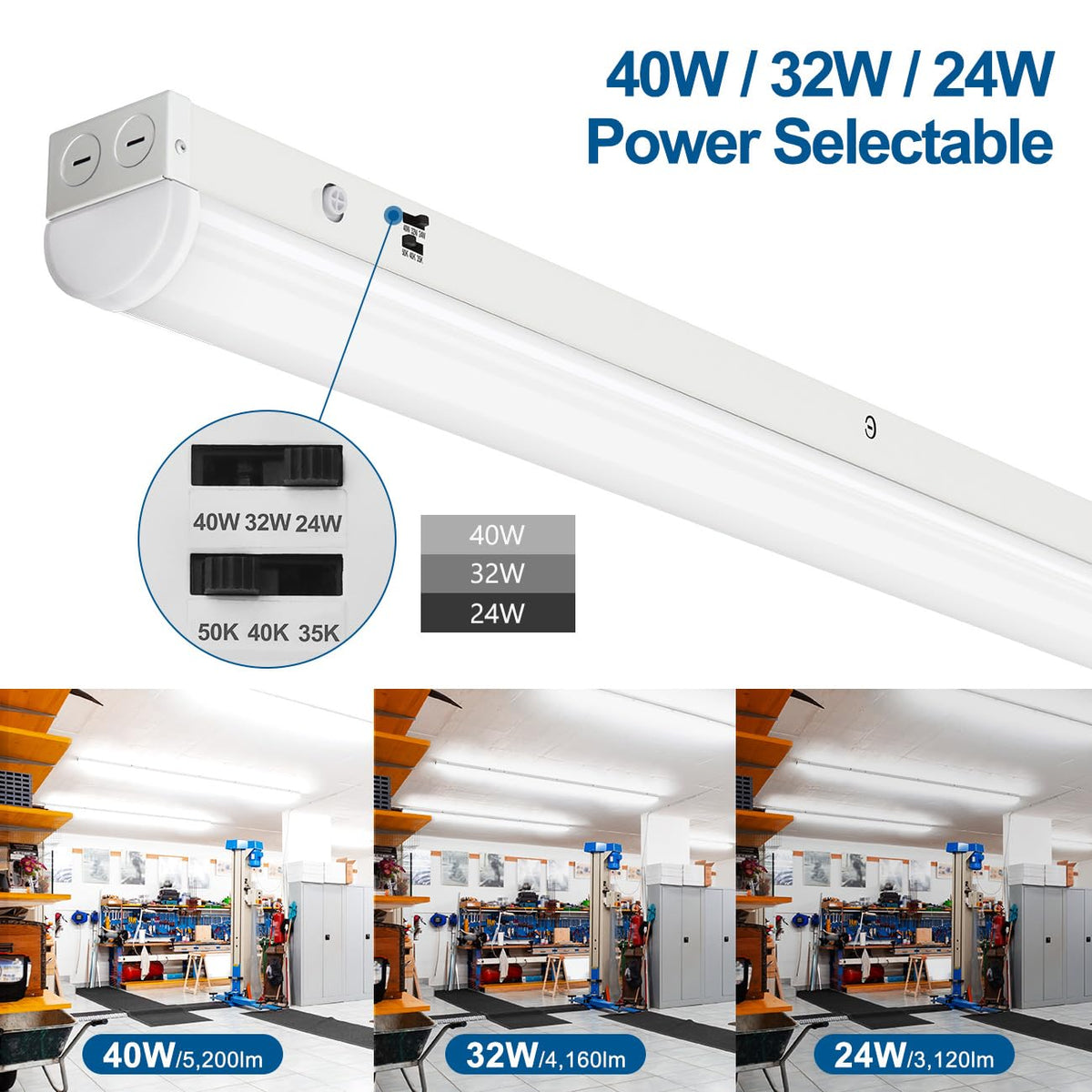 DAKASON LED shop light 40W providing bright, cost-saving ceiling illumination for a garage.