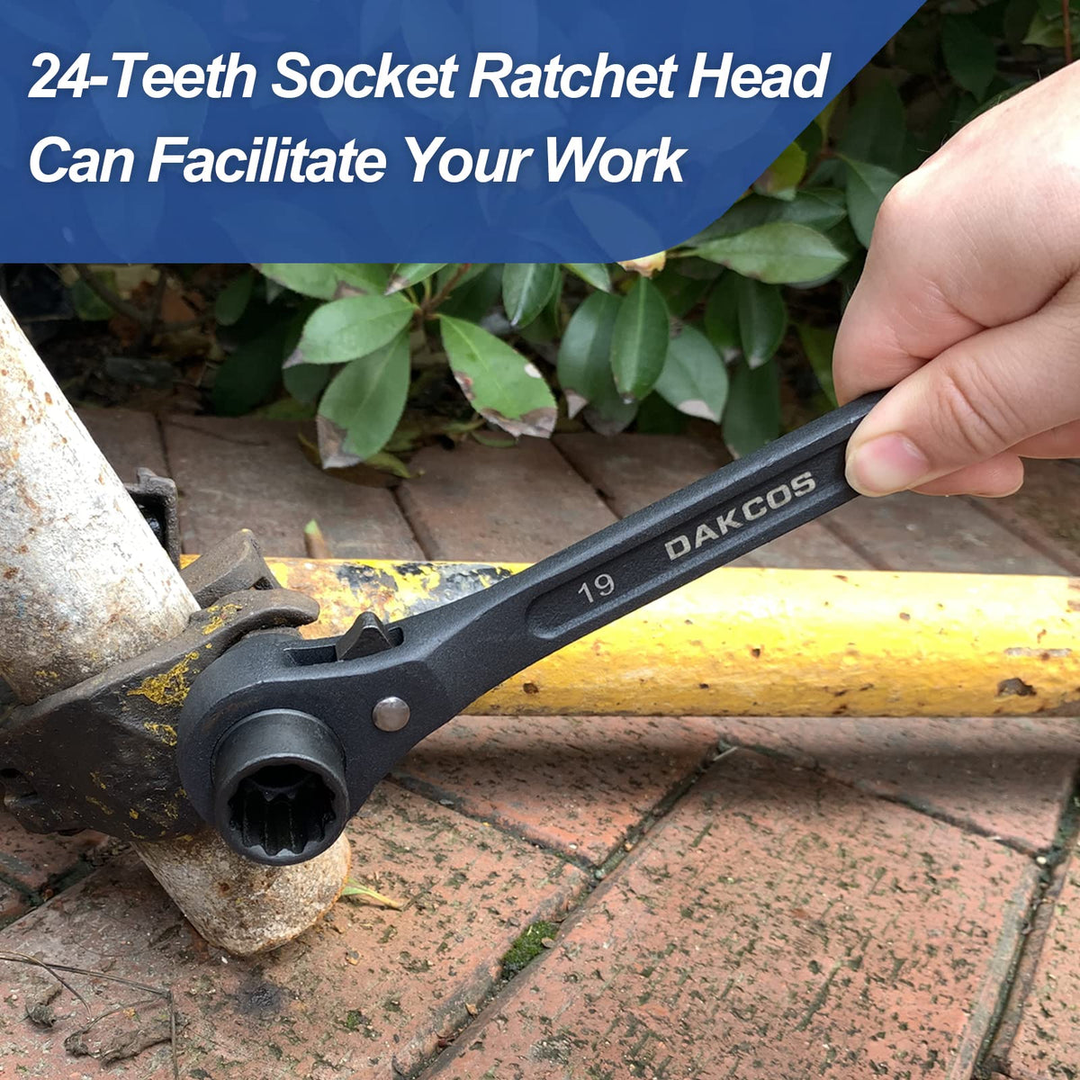 DAKCOS wrench end tightens nuts for secure scaffold connections.